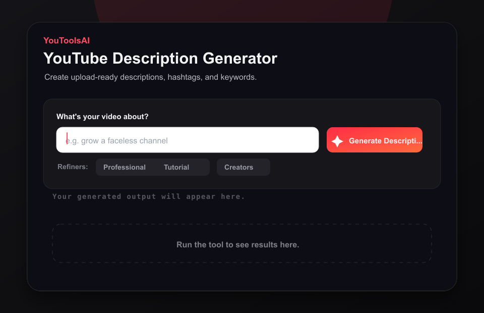 Animated demo showing a faceless YouTube growth topic entered into the description generator and description sections appearing.