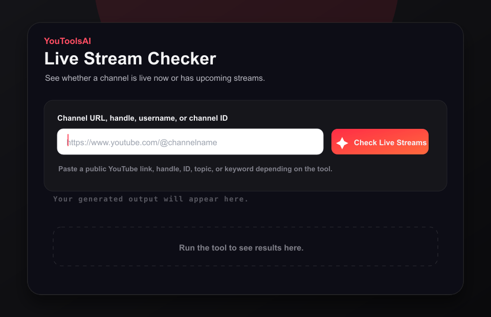 Animated demo showing a channel handle entered into the Live Stream Checker and live stream status appearing.