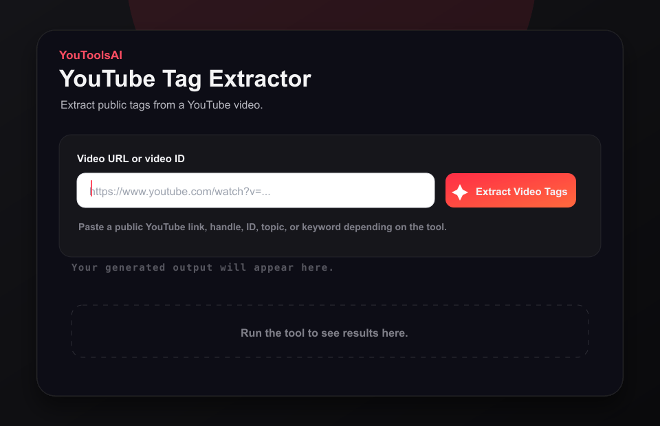 Animated demo showing a YouTube video URL entered into the tag extractor and video tags appearing.