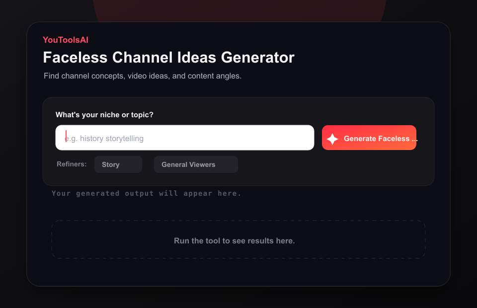 Animated demo showing a history storytelling niche entered into the faceless channel ideas generator and channel ideas appearing.