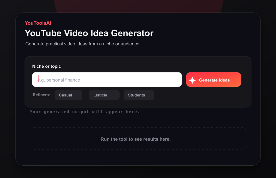 Animated demo showing a personal finance topic entered into the YouTube Idea Generator and video ideas appearing.