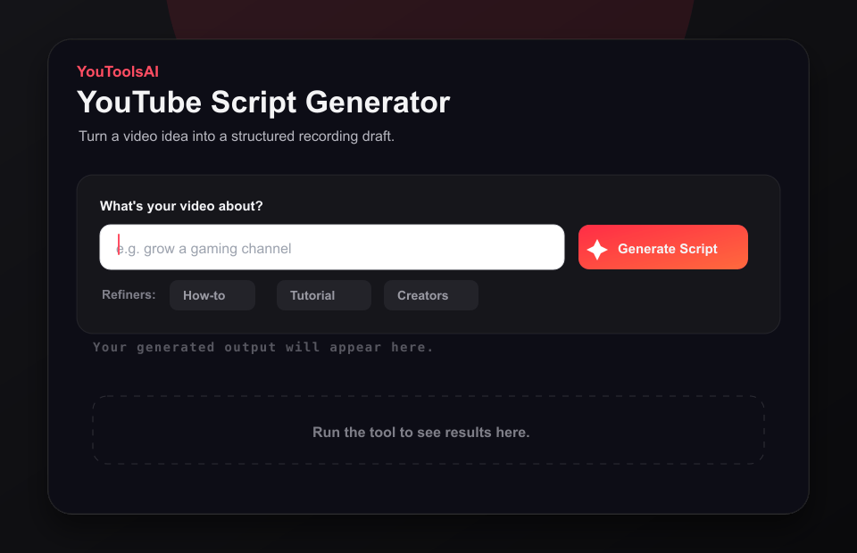 Animated demo showing a gaming channel topic entered into the YouTube Script Generator and a script outline appearing.