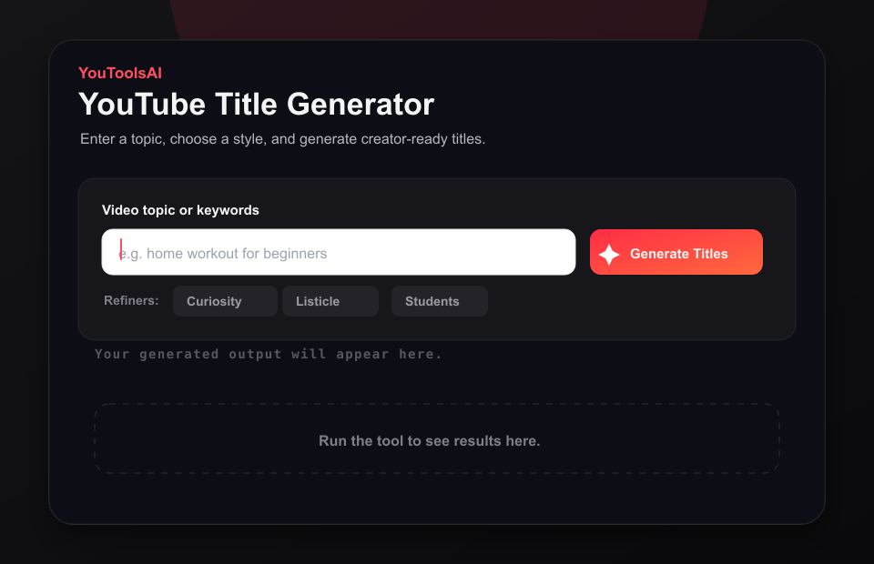 Animated demo showing a budget travel topic entered into the YouTube Title Generator and title ideas appearing.